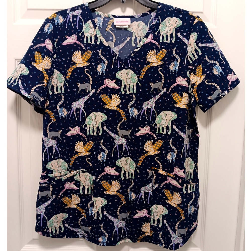 Scrubstar Women Navy Blue Safari Animal Print Scrub Top Elephant Giraffe Large